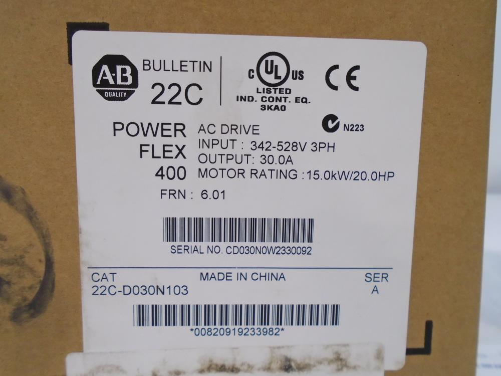 Allen Bradley 20HP Powerflex 400 Frequency AC Drive, 22C-D030N103
